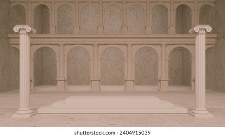 Classic interior with arches and columns, 3D rendering Product display, abstract box pink white Bright abstract mockup Illustration concrete olimpo Athens