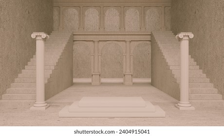 Classic interior with arches and columns, 3D rendering Product display, abstract box pink white Bright abstract mockup Illustration concrete olimpo Athens