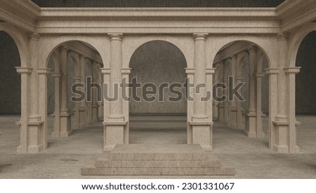 Classic interior with arches and columns, 3D rendering Product display, abstract box pink white Bright abstract mockup Illustration concrete olimpo Athens