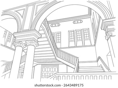 Classic Interior Architectural Line Drawing, Um detalhado desenho de linha preto e branco ilustrando um grande espaço interior clássico. A imagem apresenta uma escadaria proeminente com um corrimão ornamentado,