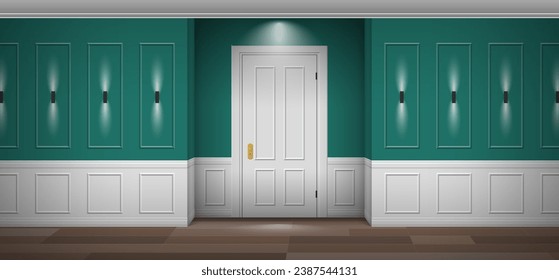 classic interior corridor entrance door lamps hallway front view vector illustration