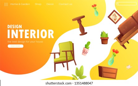 Classic interior design banner. Landing Page Website concept. Comfortable furniture for your house. Vector cartoon illustration 