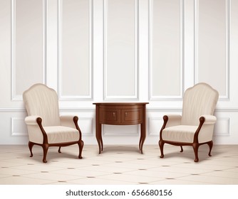 Klassisches Interieur mit Formteil an der Wand, dunklem Holztisch und Sesseln auf hellem Boden, Vektorgrafik 