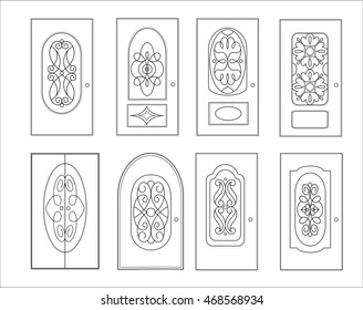 Classic interior and front wooden doors - simple vector for your design. Icon set isolated on white 