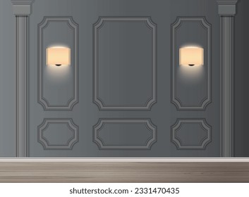 Classic interior with glowing lamps and wall panels realistic vector illustration