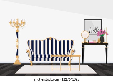 Classic interior of a living room with a striped sofa. Vector illustration.