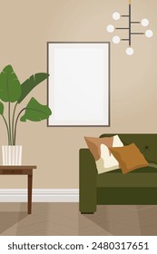 Klassisches Interieur mit einem Mock-up-Bild an der Wand. Leerer Fotorahmen im Innenraum mit grünem Sofa und Pflanze. Vektorillustration.