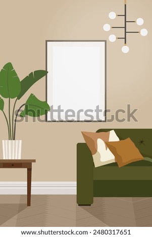 Classic interior with a mock-up picture on the wall. Empty photo frame in interior with green sofa and plant. Vector illustration.