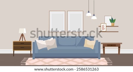 Classic interior with mock-ups of paintings on the wall. Empty photo frames in the interior with blue sofa. Vector illustration.