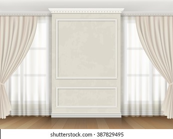 Classic interior with panel moldings and windows curtains. Realistic vector illustration.