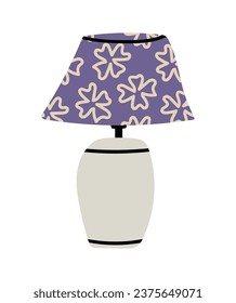 Classic interior table lamp with floral shade hand drawn vector illustration. Cozy living room table lamp with ceramic stand and purple flower pattern fabric lampshade. Classic interior decor element.