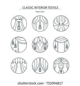 Classic interior textile-collection of monochrome linear icons with curtain fragments. Round pictograms of curtains with brushes and fringe. Isolated home design icons. Simple contour illustration.