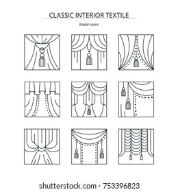 Classic interior textile-collection of monochrome linear icons with curtain fragments. Square pictograms of curtains with brushes and fringe. Isolated home design icons. Simple contour illustration.