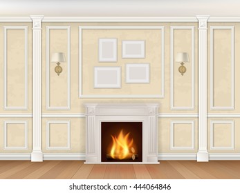 Muro interior clásico con chimenea, sconces y pilastras. Ilustración vectorial realista. Fondo interior.