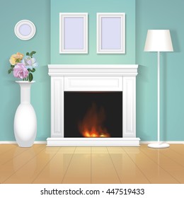 Classic interior wall with fireplace. Vector realistic illustration.
