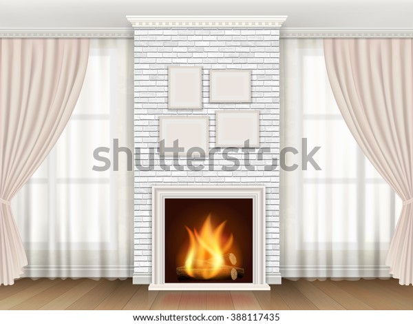 Classic Interior White Brick Fireplace Windows Stock Vector