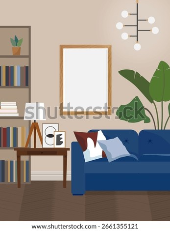 Classic interior with wooden frame mockup on the wall and blue sofa. Empty photo frames in living room interior. Vector illustration.