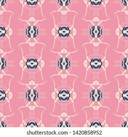 Classic interlocking ornamental seamless pattern in pink, white and navy blue. Great pattern for fresh spring and summer looks in fashion, home decor, table, textiles and paper goods. Vector.