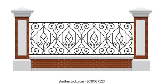 Classic Iron Fence With Red Brick Pillars. Vintage. Vector. Wrought Iron Railing. Decor. Handrails. Art Nouveau Luxury Modern Architecture. Ornamental Fence. Palace. City. Street. Park. Blacksmithing.