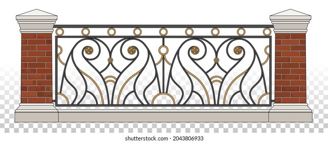 Classic Iron Fence With Red Brick Pillars. Gold Decor. Vintage. Vector. Wrought Iron Railing. Handrails. Art Nouveau Luxury Modern Architecture. Ornamental Fence. Palace. City. Street. Blacksmithing.