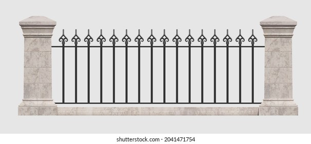 Classic Iron Fence With Stone Pillars. Ancient Wrought Iron Fence. Medieval Fence. Urban Design. Vintage Decor. Luxury Modern Architecture. Castle. City. Street. Park. Blacksmithing. Isolated. Vector.