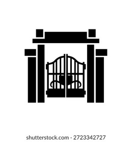 Portão de ferro clássico com pilares de pedra silhueta vetor ilustração para jardim entrada casa segurança e projeto exterior arquitetônico