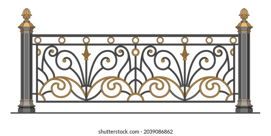 Classic Iron Railing With Metal Pillars. Handrails. Balcony. Terrace. Urban Design. Gold Decor. Luxury Modern Architecture. Palace. Wrought Iron Fence. Blacksmithing. Template. Isolated. White. Vector svg