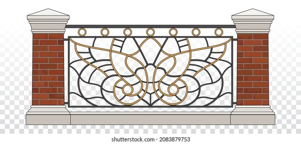 Classic Iron Railing With Red Brick Pillars. Gold Decor. Vintage. Vector. Wrought Iron Fence. Handrails. Art Nouveau Luxury Modern Architecture. Ornamental Fence. Palace. City. Street. Blacksmithing.