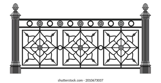 Classic Iron Railings With Metal Pillars. Urban Design. Decor. Luxury Modern Architecture. Palace. City. Street. Park. Wrought Iron Fence. Handrails. Blacksmithing. Template. Isolated. White. Vector.