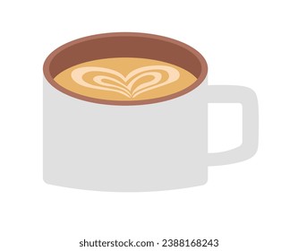 Classic Italian coffee beverage. Isolated cup of cappuccino with heart pattern. Morning drink made with espresso and steamed milk. Combination of bold and creamy flavors. Vector in flat style