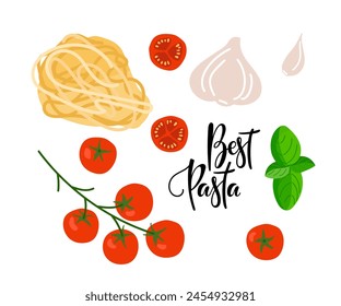 Classic Italian pasta. Spaghetti with tomatoes, basil, garlic isolated on white background. Nutrient vector illustration. Traditional Italian Food for Restaurant Menu, shop, packaging.