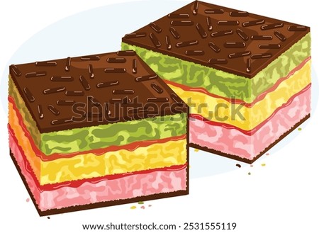 Classic Italian Rainbow Cookies. Almond Flavour Layered Sponge Cake with Rasberry Jam Filling, Chocolate Coating and Sprinkle Toppings 