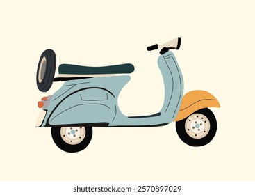 Classic italian retro Scooter Side view. Two-wheeled vehicle. Personal transport. Hand drawn trendy vintage style Vector illustration isolated on white background