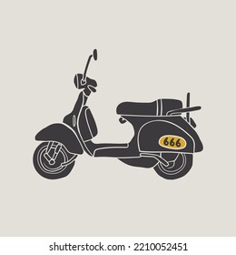 Classic italian retro Scooter silhouette. Side view. Two-wheeled vehicle. Personal transport. Hand drawn trendy Vector isolated illustration. Logo, icon, poster, print template. Vintage style