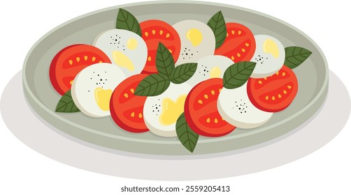 Classic Italian salad Caprese with mozzarella, tomato and basil leaves. Hand drawn illustration with national dish on a plate