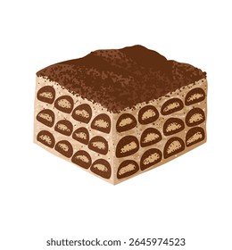 Classic Italian tiramisu dessert. Isolated hand drawn sweet food illustration. Layered dessert for cafe menu, food packaging, Italian cuisine design, branding, bakery visuals, stickers