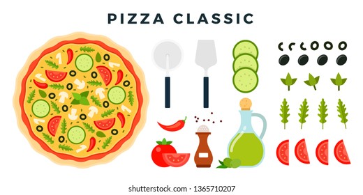 Classic Italian vegetarian pizza and all ingredients for cooking it. Make your pizza. Set of products and tools for pizza making. Everything for dough, filling and sauce. Vector illustration.