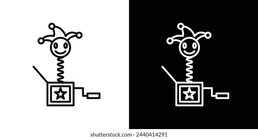 Clásico Jack en la caja de iconos de juguete. Sorpresa de bufón y símbolos de broma juguetona