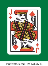 Classic jack of diamonds playing card with a bold red, yellow, and black color scheme, outlined in white and placed on a dark green background. Vector illustration