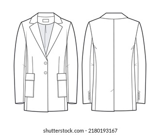 Classic Jacket Technical Fashion Illustration, Single Breasted. Oversized Jacket Fashion Flat Template, Front, Back View, White Color. Women, Men, Unisex CAD Mockup.