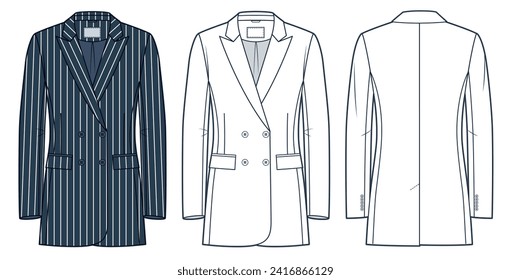 Ilustración de moda técnica de la Chaqueta clásica, diseño a rayas. Chaqueta doble con pecho, plantilla de dibujo técnico plano de moda Blazer, frontal, retrovisor, blanco, azul, mujeres, hombres, conjunto de maquillaje CAD unisex.