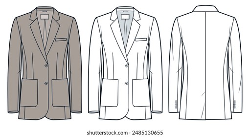 Classic Jacket technical fashion illustration. Blazer fashion flat technical drawing template, front and back view, white, beige color, women, men, unisex CAD mockup set.