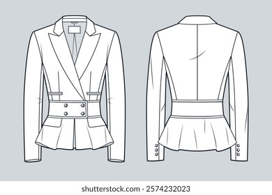 Classic Jacket technical fashion illustration. Tailored Double-Breasted Blazer with Peplum fashion flat technical drawing template, fitted, buttons, front and back view, white, women CAD mockup.