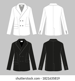 Classic jacket for women and men. Set of color unisex blazers. Rear and front view. Basic clothes in business style. Dress-coat. Business attire. A uniform. Vector illustration