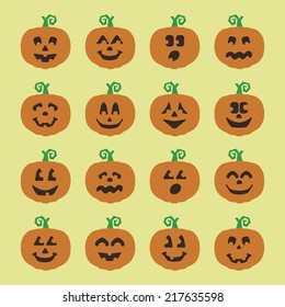 Classic Jack-O-Lantern Pumpkins with Various Facial Expressions