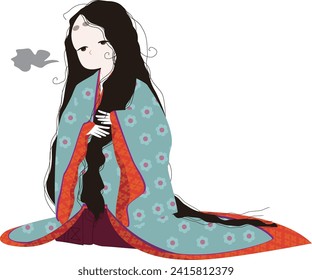 Classic Japanese folk costume. Image illustration of a princess from the Heian period who suffers from curly hair.