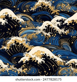 
Classic Japanese Great Wave off Kanagawa Seamless Pattern Wallpaper Curtain Bedding Background Vector