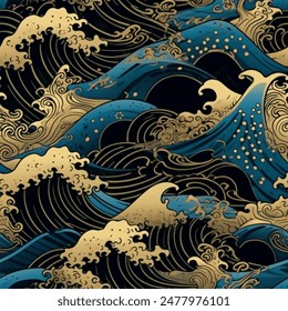 
Classic Japanese Great Wave off Kanagawa Seamless Pattern Wallpaper Curtain Bedding Background Vector