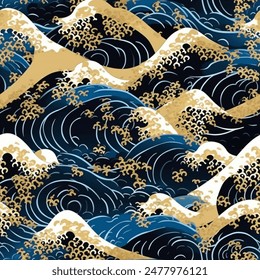 
Classic Japanese Great Wave off Kanagawa Seamless Pattern Wallpaper Curtain Bedding Background Vector