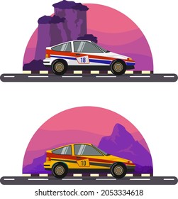 classic japanese racing car on purple mountain background.